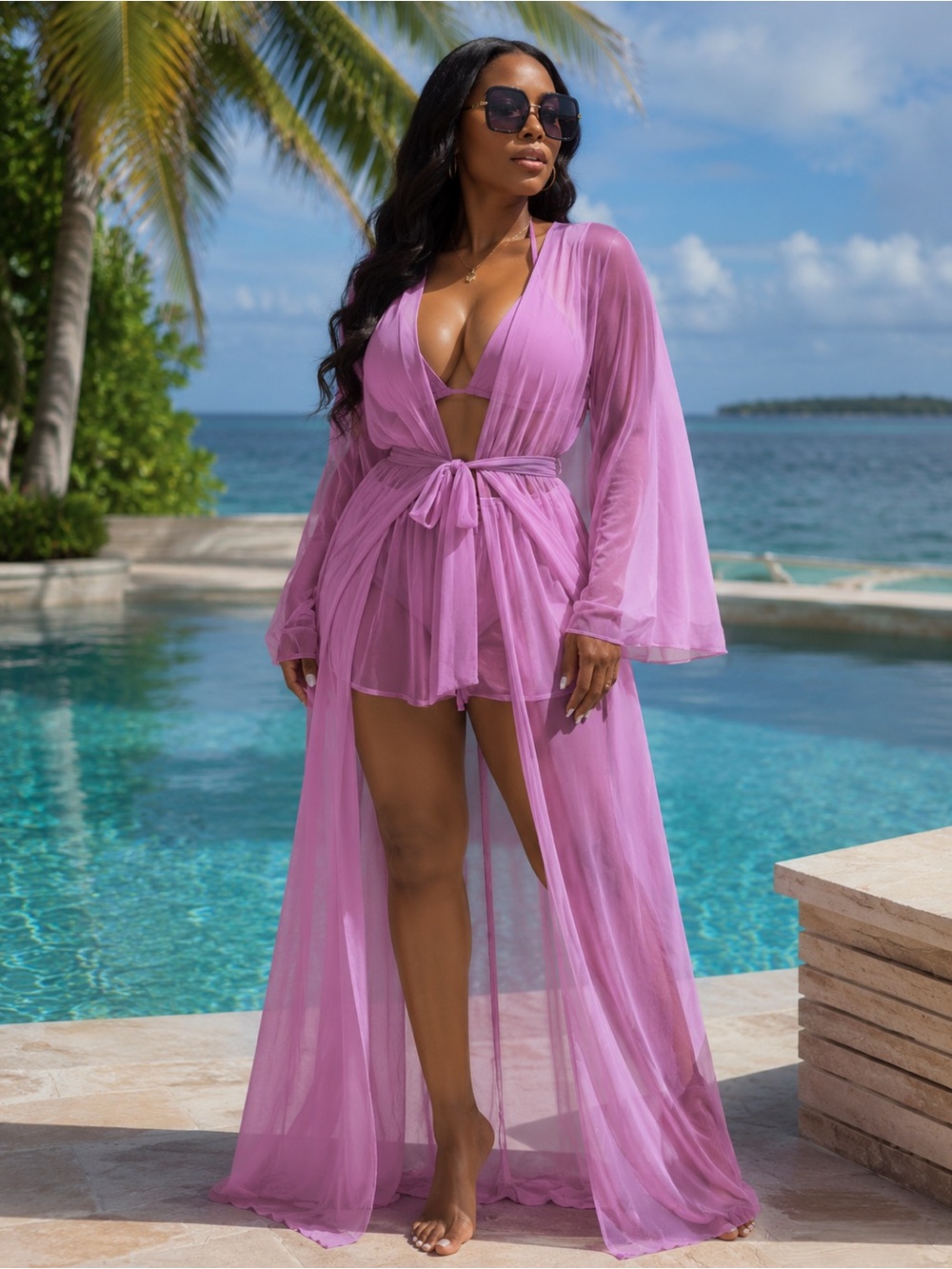Women's Lavender Sheer Tie-Waist Swim Coverup Robe